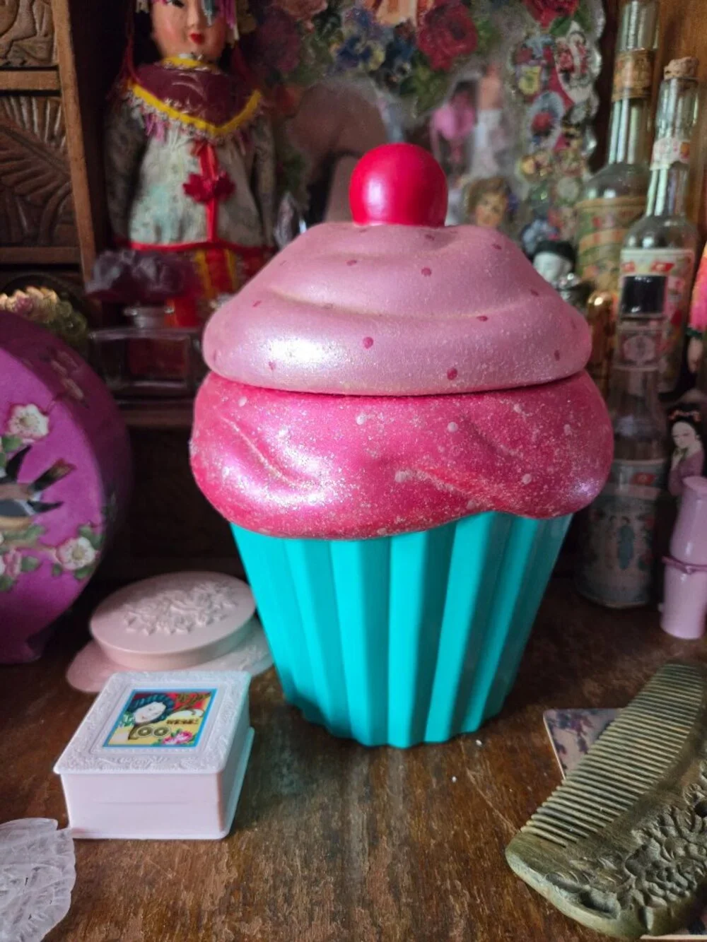 Handmade Cupcake Canister Pink & Blue Whimsy Decora Kidcore Colorful Gift